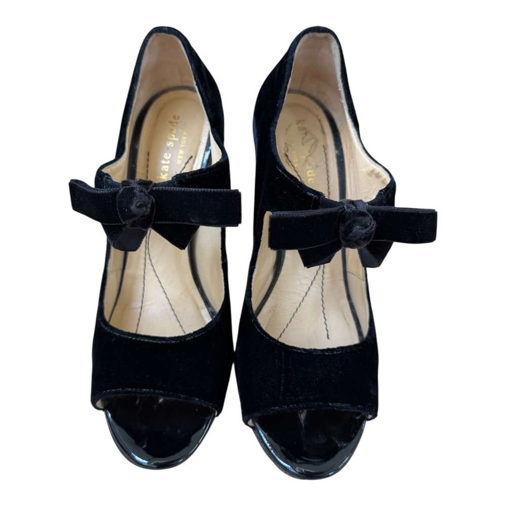 Kate Spade New York Blackโ Velvet Bow Heels 6.5B Peep Toe Stiletto Made Italy